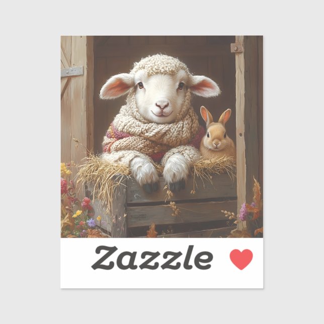 Cozy Sheep and Rabbit in Barn with Flowers Sticker (Sheet)
