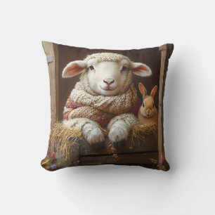 Cozy Sheep and Rabbit in Barn with Flowers Throw Pillow