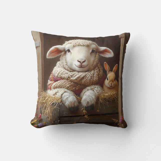 Cozy Sheep and Rabbit in Barn with Flowers Throw Pillow (Front)