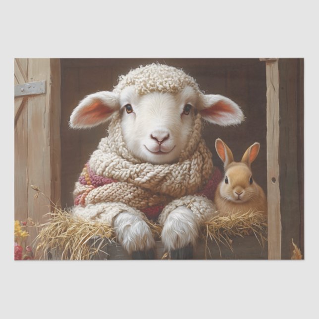 Cozy Sheep and Rabbit in Barn with Flowers Tissue Paper (Front)