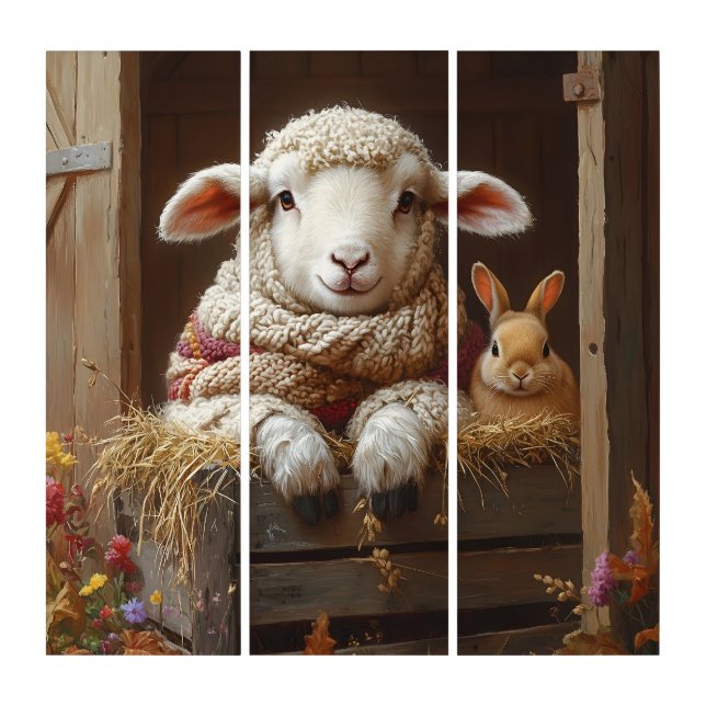 Cozy Sheep and Rabbit in Barn with Flowers Triptych (Front)