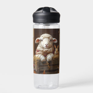 Cozy Sheep and Rabbit in Barn with Flowers Water Bottle