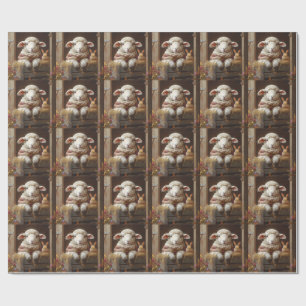 Cozy Sheep and Rabbit in Barn with Flowers Wrapping Paper