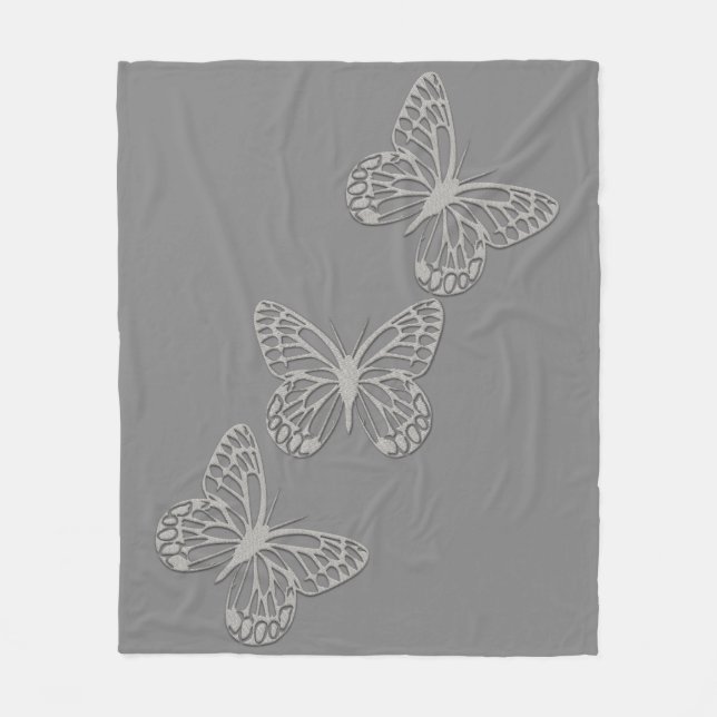 Cozy Silver Butterfly Gray Fleece Blanket (Front)