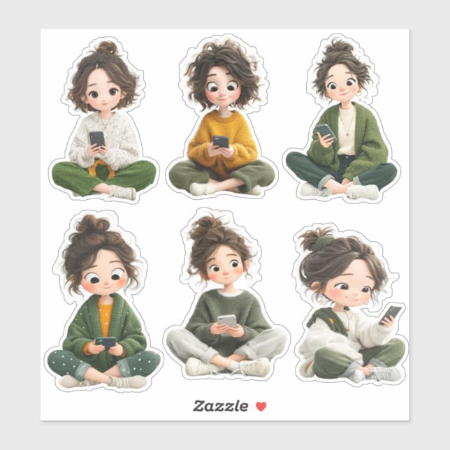 Cozy Sitting Chibi Girl Sticker Sheet  (Sheet)