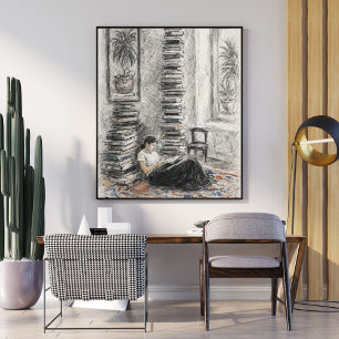 Cozy sketch bookish wall art