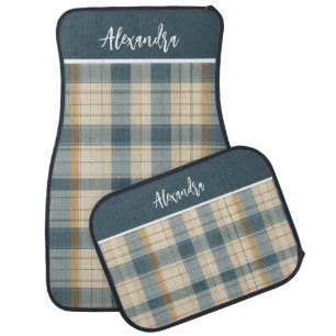 Cozy Slate Plaid with Warm Ochre Lines Car Floor Mat