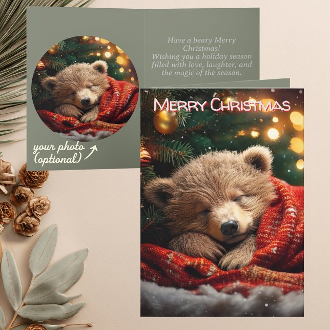 Cozy Sleeping Bear | Personalised Photo Christmas Holiday Card (Cozy sleeping bear cub folded Christmas Holiday card. Personalised family photo option inside)