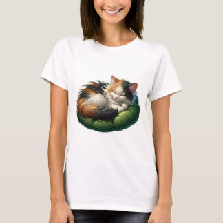 Cozy Sleeping Calico Cat on a Soft Green Cushion  T-Shirt