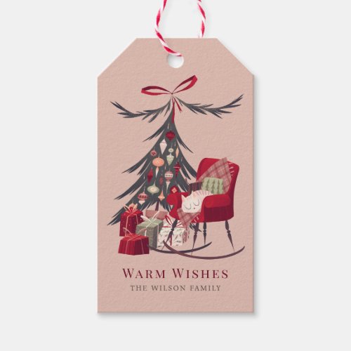 Cozy Sleeping Cat Christmas Tree Pink Holiday Gift Tags