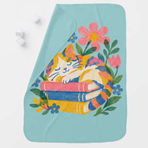 Cozy Sleeping Cat on Books Floral Cute Baby Blanke Blanket