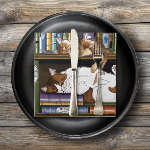 Cozy Sleeping Cats Bookshelf Illustration Cute Cloth Napkin