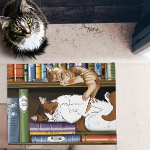 Cozy Sleeping Cats Bookshelf Illustration Cute Doormat