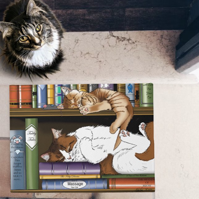 Cozy Sleeping Cats Bookshelf Illustration Cute Doormat (Creator Uploaded)