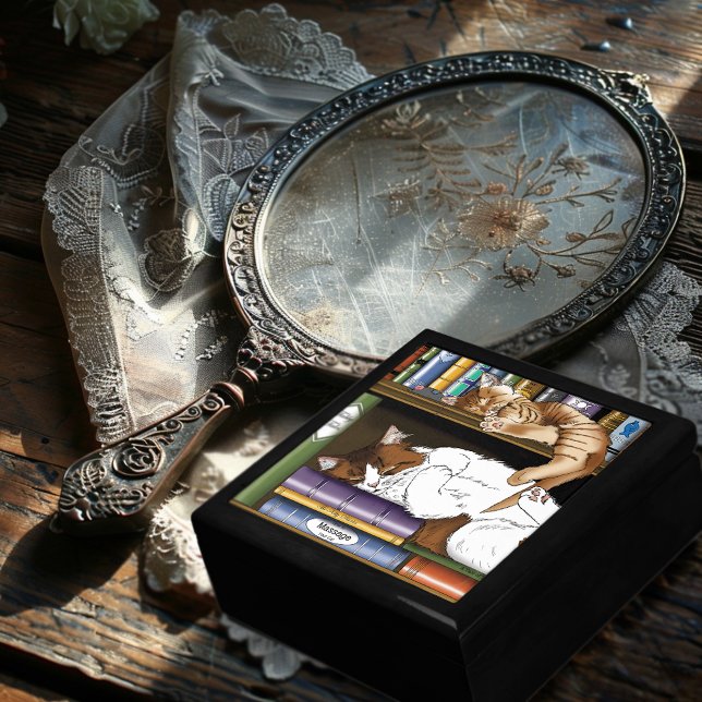 Cozy Sleeping Cats Bookshelf Illustration Cute Keepsake Box (Creator Uploaded)