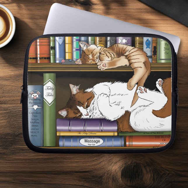 Cozy Sleeping Cats Bookshelf Illustration Cute Laptop Sleeve (Creator Uploaded)