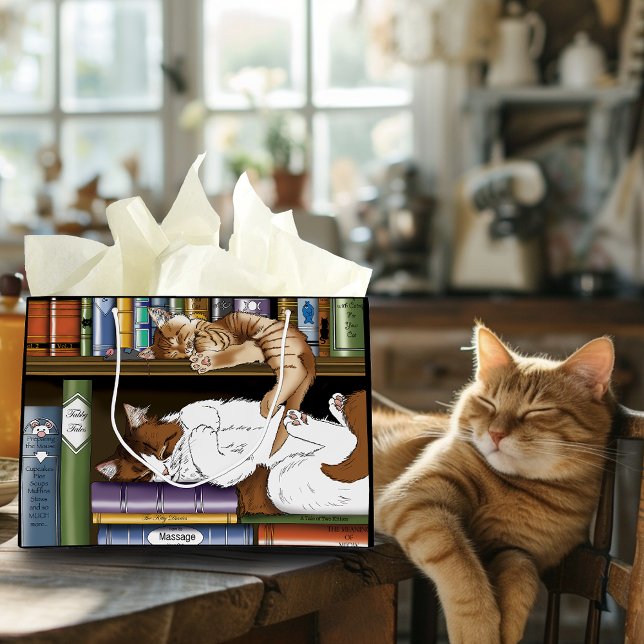 Cozy Sleeping Cats Bookshelf Illustration Cute Large Gift Bag (Creator Uploaded)