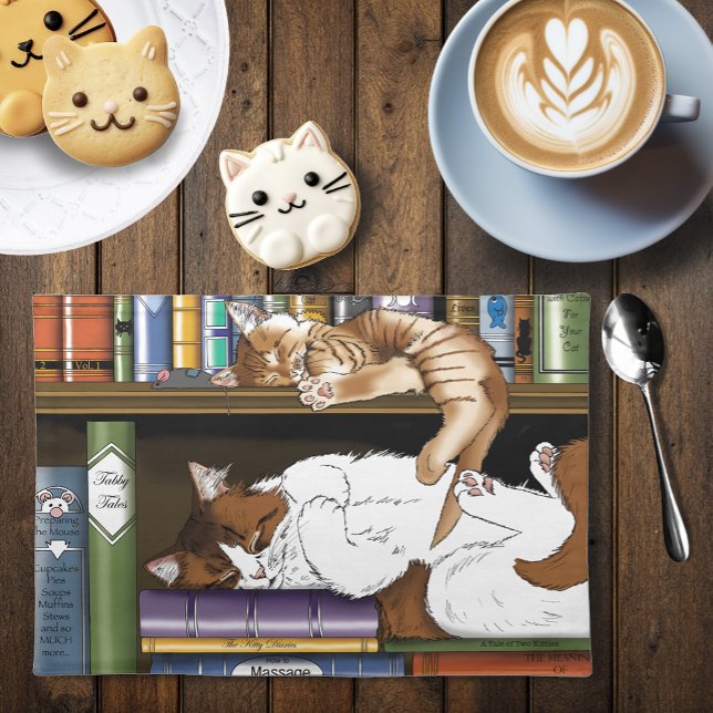 Cozy Sleeping Cats Bookshelf Illustration Cute Placemat (Creator Uploaded)