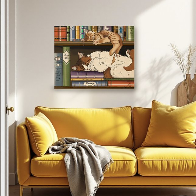Cozy Sleeping Cats Bookshelf Illustration Cute Poster (Creator Uploaded)