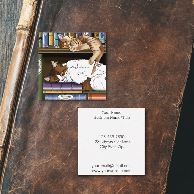Cozy Sleeping Cats Bookshelf Illustration Cute Square Business Card (Creator Uploaded)