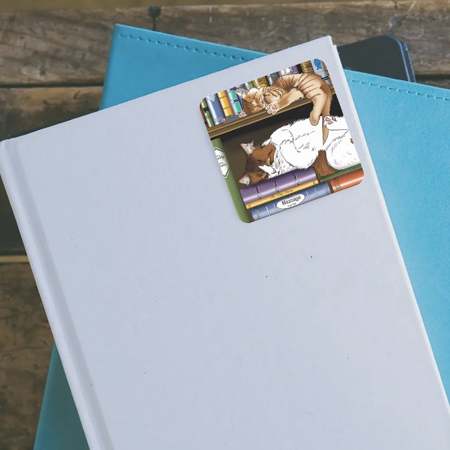 Cozy Sleeping Cats Bookshelf Illustration Cute Square Sticker (Creator Uploaded)