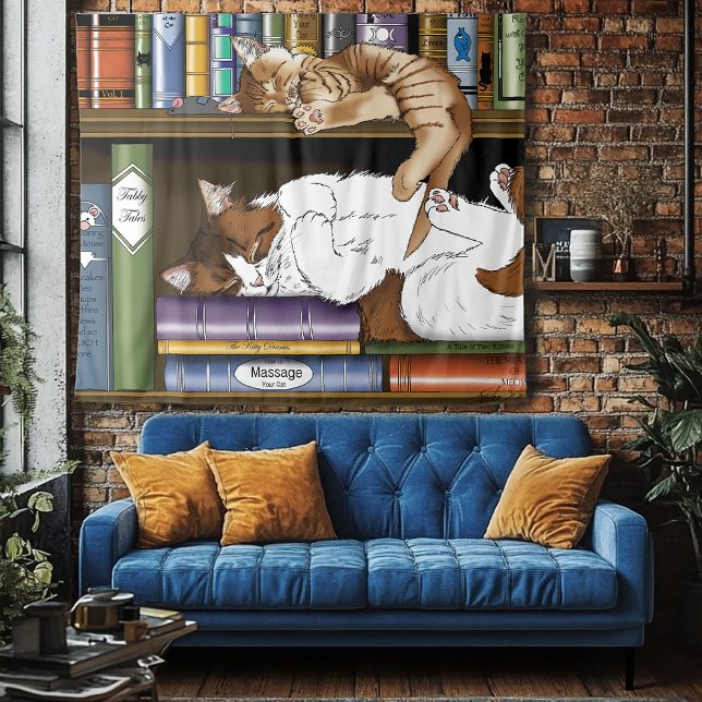 Cozy Sleeping Cats Bookshelf Illustration Cute Tapestry (Creator Uploaded)
