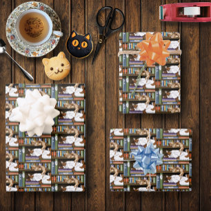 Cozy Sleeping Cats Bookshelf Illustration Cute Wrapping Paper Sheets
