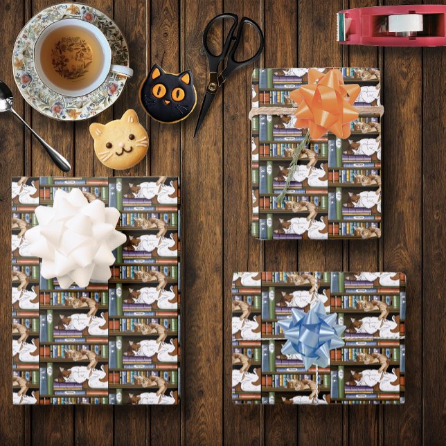 Cozy Sleeping Cats Bookshelf Illustration Cute Wrapping Paper Sheets (Creator Uploaded)