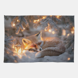 Cozy Sleeping Fox Under Snowy Branches  Kitchen Towel