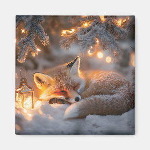 Cozy Sleeping Fox Under Snowy Branches  Magnet