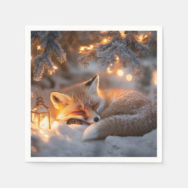 Cozy Sleeping Fox Under Snowy Branches  Napkins (Front)