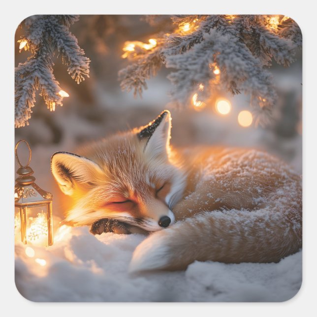 Cozy Sleeping Fox Under Snowy Branches  Square Sticker (Front)