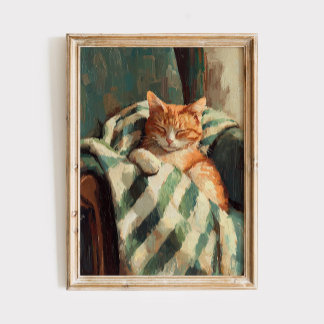Cozy Sleeping Ginger Cat Oil Painting Poster