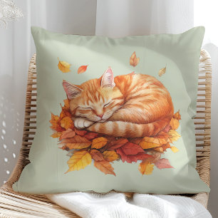 Cozy Sleeping Ginger Cat Sage Green Pillow