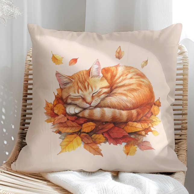 Cozy Sleeping Ginger Cat Soft Blush Pillow  (Cozy Sleeping Ginger Cat Terracotta Pillow on a sunny boho rattan chair.)