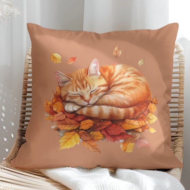 Cozy Sleeping Ginger Cat Terracotta Pillow (Cozy Sleeping Ginger Cat Terracotta Pillow on a sunny boho armchair)