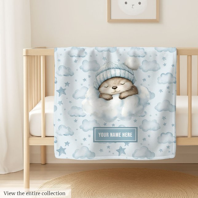 Cozy sleeping otter blue blanket custom baby name (Cozy boho sleeping animal blanket, soft neutral colors, perfect boy baby shower gift.)