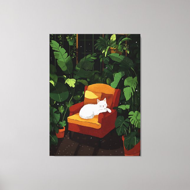 Cozy Sleeping White Cat Illustration Art Canvas Print (Front)