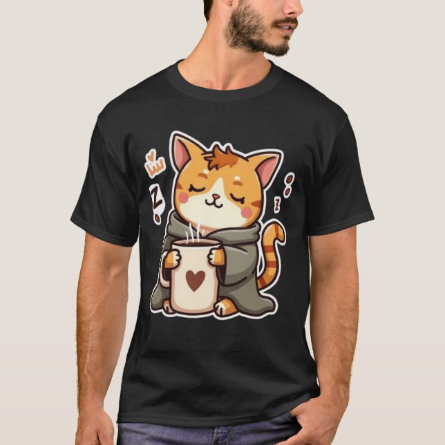 Cozy Sleepy Cat With Coffee Mug T-Shirt (Front)
