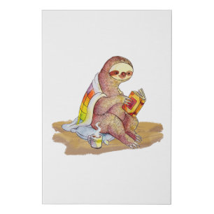 Cozy sloth reading a book with a cup of coffee faux canvas print