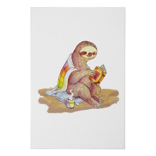 Cozy sloth reading a book with a cup of coffee faux canvas print