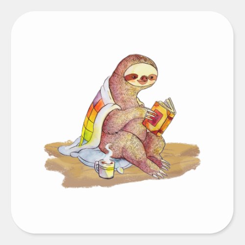 Cozy sloth reading a book with a cup of coffee square sticker