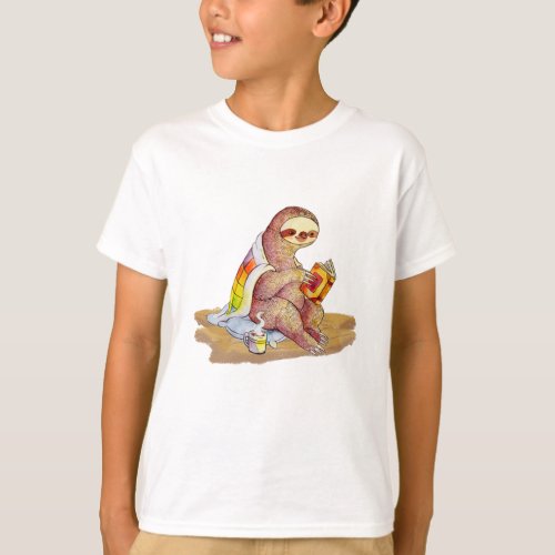 Cozy sloth reading a book with a cup of coffee T_Shirt