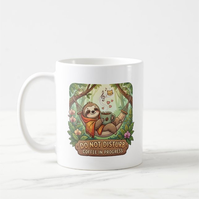 Cozy Sloth with Coffee and Do Not Disturb Text Mug (Left)