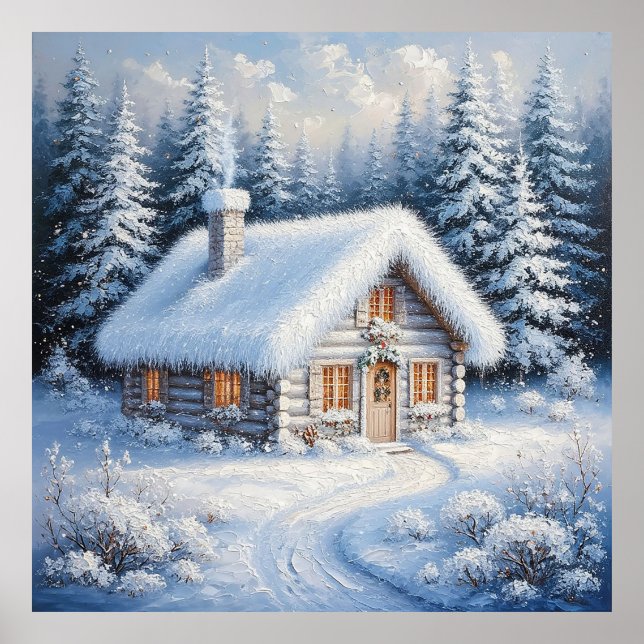 Cozy Snow-Covered Cabin in a Picturesque Winter Poster (Front)