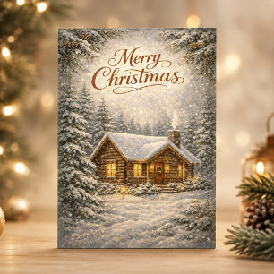 Cozy Snow Covered Cabin Merry Christmas Holiday Card
