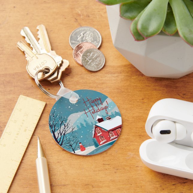 Cozy Snowfall Winter Scene Happy Holidays  Keychain (Desk)