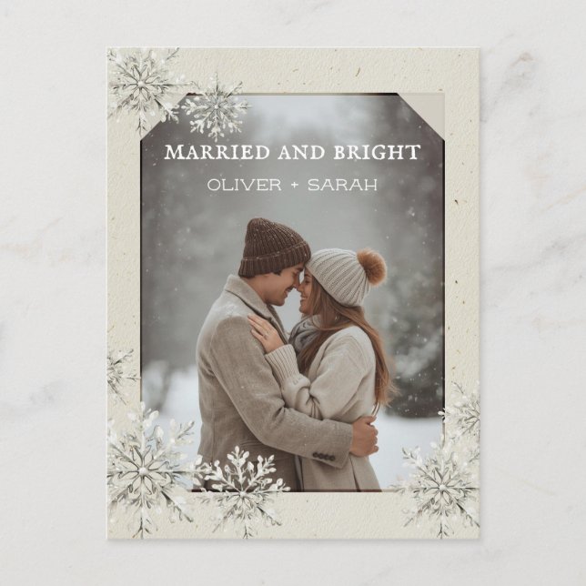 Cozy Snowflake married and bright couple photo Holiday Postcard (Front)