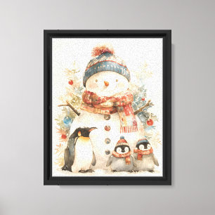 Cozy Snowman Penguins Nursery Wall Watercolor Canvas Print
