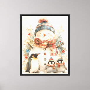 Cozy Snowman Penguins Nursery Wall Watercolor Canvas Print